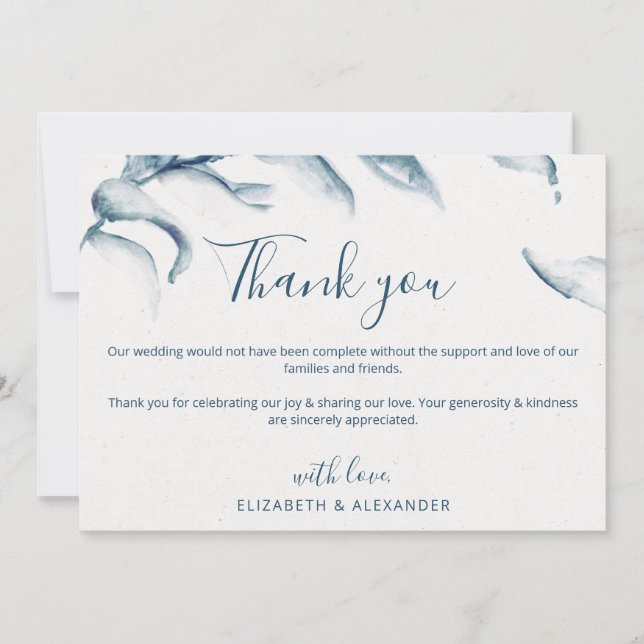 Elegantes blaues Aquarell Romantische Hochzeit Dankeskarte (Vorderseite)