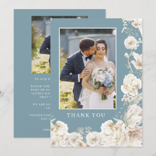 Elegantes blaues Blumen-Hochzeitsfoto mit Gold Dankeskarte