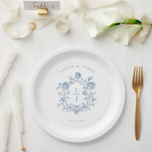 Elegantes blaues Blumen-Wappen-Monogramm Hochzeit Pappteller