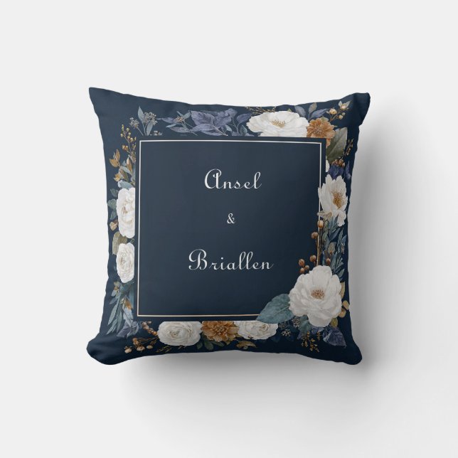 Elegantes blaues Blumendesign mit weißen Rosen Kissen (Vorderseite)