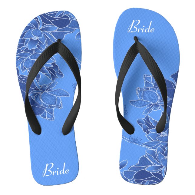 Elegantes blaues Blumenmuster Hochzeitsbride Flip Flops (Fußbett)