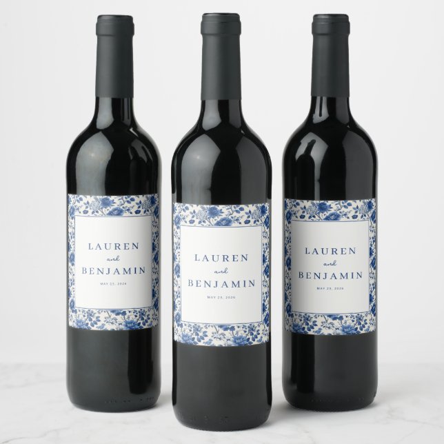 Elegantes Blaues Blumenmuster Weinetikett (Flaschen)