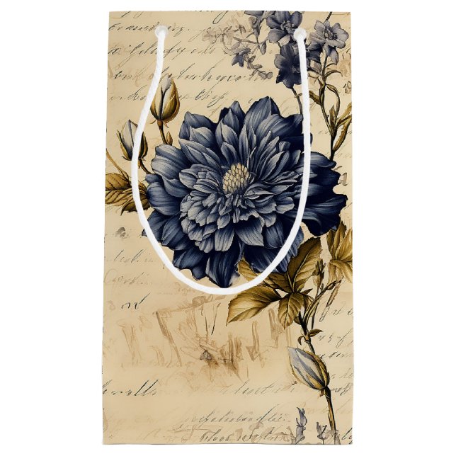 Elegantes blaues Cream Floral Muster Kleine Geschenktüte (Vorderseite)
