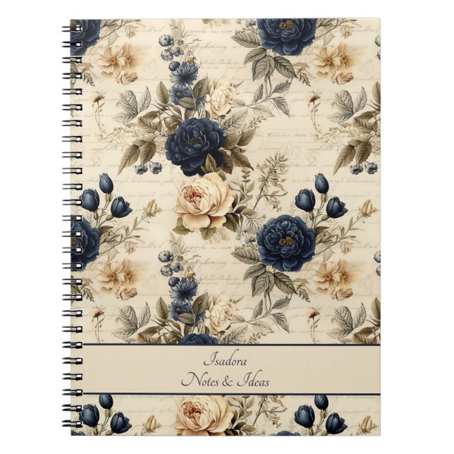 Elegantes blaues Cream-Rose Blumenmuster Notizblock (Vorderseite)