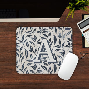 Elegantes blaues cremefarbenes Blattmuster mit Mon Mousepad