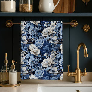 Elegantes blaues Elfenbein Blumen Luxus Küchentuch