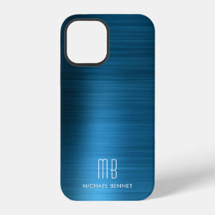 Elegantes blaues faux gebürstetes Metall-Monogramm iPhone 12 Hülle