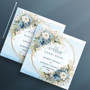 Elegantes blaues florales goldenes Hochzeit-Gästeb Gästebuch