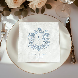 Elegantes blaues florales Wappen-Monogramm-Hochzei Serviette
