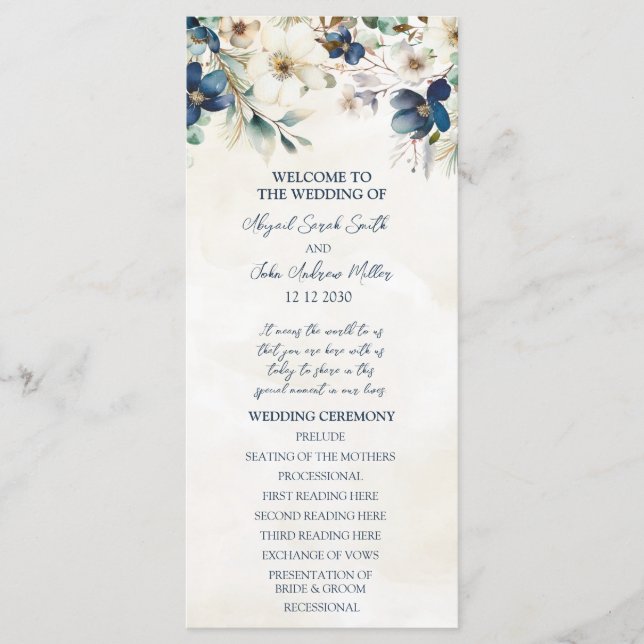 Elegantes blaues florales Winterhochzeitsprogramm Programm (Vorderseite)