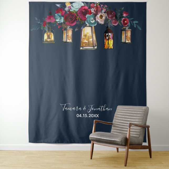 Elegantes blaues Foto im Hintergrund Hochzeit Wandteppich (Beispiel)