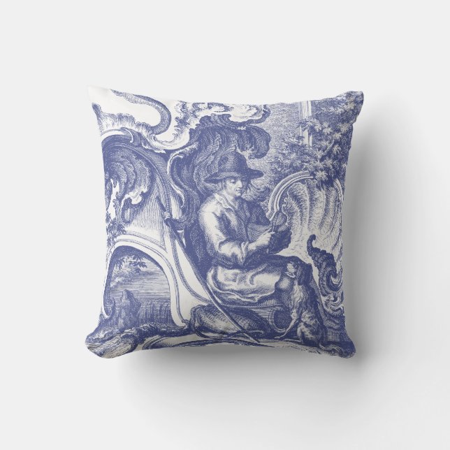 Elegantes blaues französisches barockes Toile Kissen (Vorderseite)