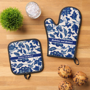 Elegantes Blaues Französisches Land-Chinoiserie-Na Ofenhandschuh & Topflappen-Set