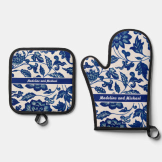 Elegantes Blaues Französisches Landhaus-Chinoiseri Ofenhandschuh & Topflappen-Set