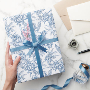 Elegantes blaues französisches Toile-de-Jouy-Blume Geschenkpapier