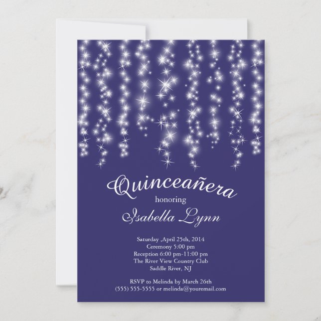 Elegantes blaues Funkelnlichter Quinceañera Party Einladung (Vorderseite)