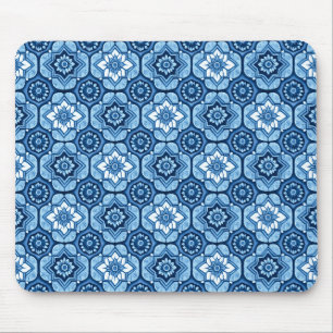 Elegantes blaues geometrisches Blumenmuster Mousepad