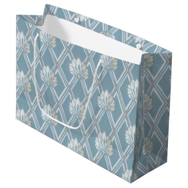 Elegantes blaues Gitter Elfenbein-Feather-Muster Große Geschenktüte (Vorderseite Schrägansicht)