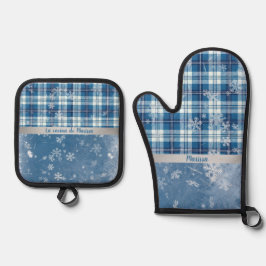 Elegantes blaues Gittermuster personalisiert Ofenhandschuh & Topflappen-Set