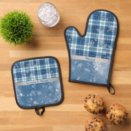 Elegantes blaues Gittermuster personalisiert  Ofenhandschuh & Topflappen-Set