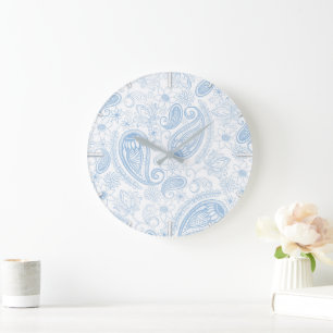 Elegantes blaues Glitter-Paisley-Blumenmuster in W Große Wanduhr