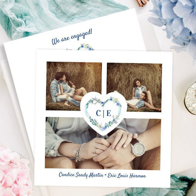 Elegantes blaues Herz 3 Fotos Verlobung Save The Date (Von Creator hochgeladen)