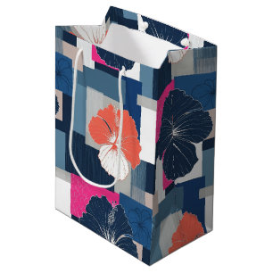 Elegantes Blaues Hibiskus-Blumenmuster (1) Mittlere Geschenktüte