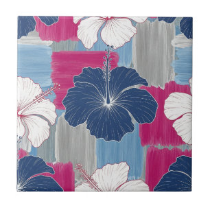 Elegantes blaues Hibiskus-Blumenmuster (2) Fliese
