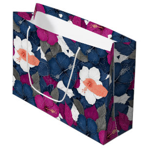 Elegantes blaues Hibiskus-Blumenmuster (2) Große Geschenktüte
