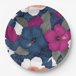 Elegantes blaues Hibiskus-Blumenmuster (3) Pappteller