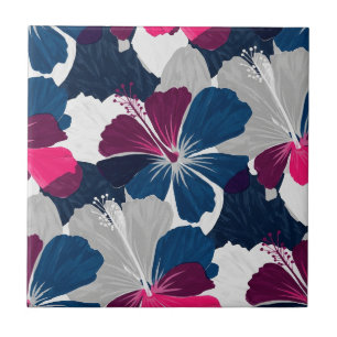 Elegantes blaues Hibiskus-Blumenmuster (6) Fliese