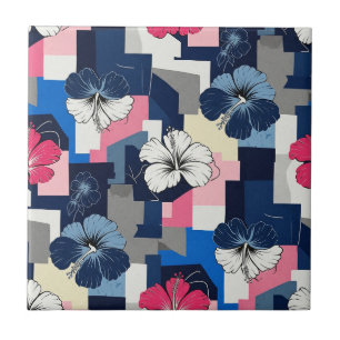 Elegantes blaues Hibiskus-Blumenmuster (7) Fliese