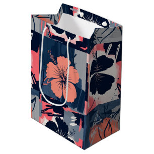 Elegantes blaues Hibiskus-Blumenmuster (7) Mittlere Geschenktüte