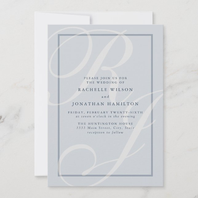 Elegantes blaues Hochzeitsskript-Monogramm Einladung (Vorderseite)
