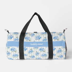 Elegantes Blaues Hortensienmuster Grauer Streifen Duffle Bag