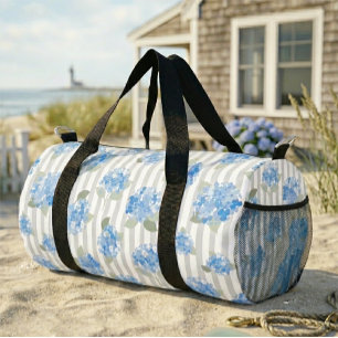 Elegantes Blaues Hortensienmuster Grauer Streifen Duffle Bag