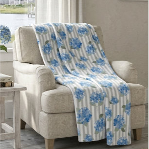 Elegantes Blaues Hortensienmuster Grauer Streifen Fleecedecke