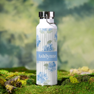 Elegantes Blaues Hortensienmuster Grauer Streifen Trinkflasche