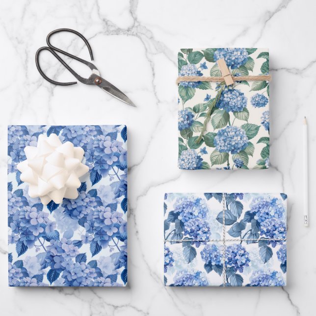 Elegantes blaues Hydrangea-Blumenmuster Geschenkpapier Set (Vorderseite)