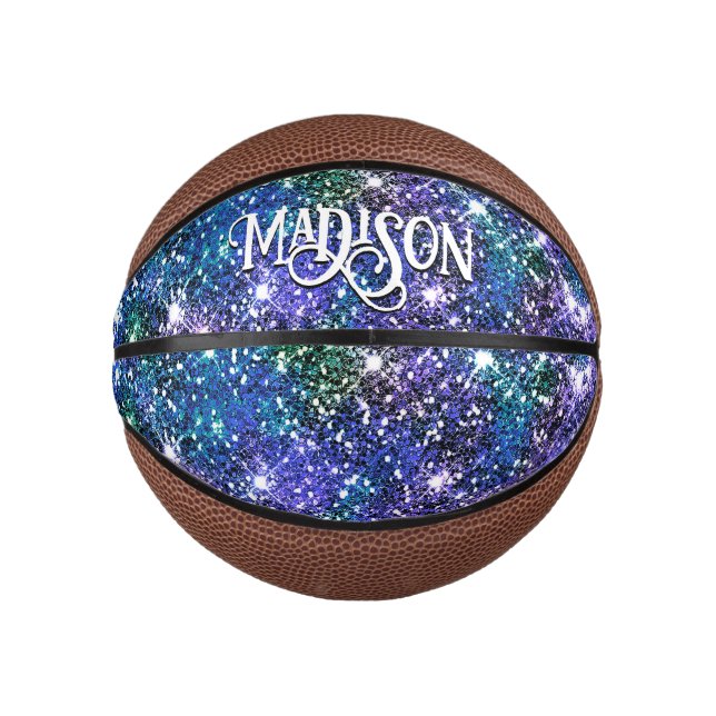 Elegantes blaues Imitat Glitzer Monogramm Mini Basketball (Vorderseite)