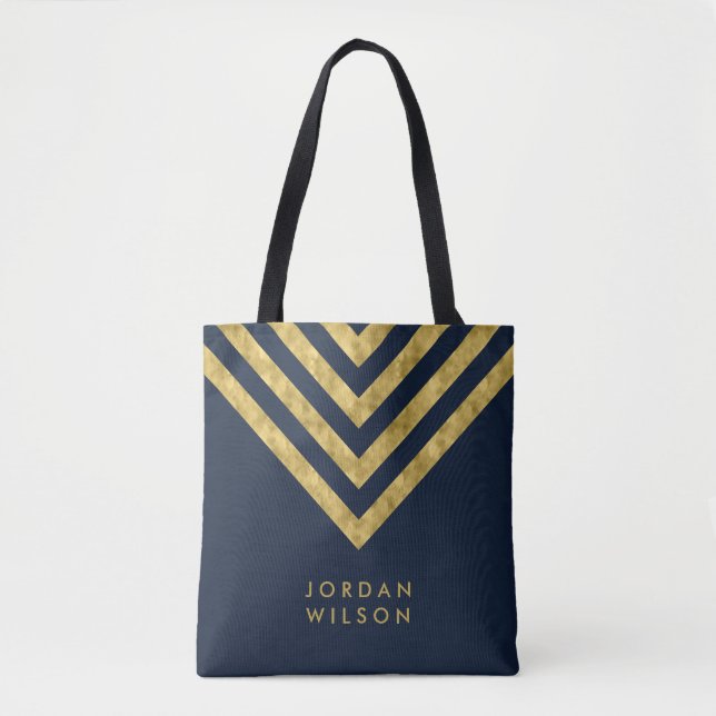 Elegantes blaues Imitat Gold Name Zickzack Muster Tasche (Vorderseite)