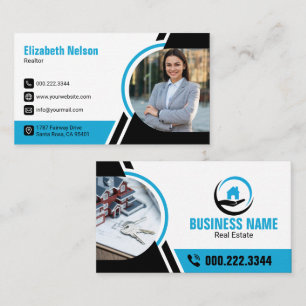 Elegantes Blaues Immobilienmakler-Haus-Logo Foto Visitenkarte