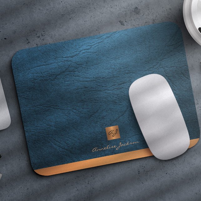Elegantes blaues Ledergold mit Monogramm Mousepad (Von Creator hochgeladen)