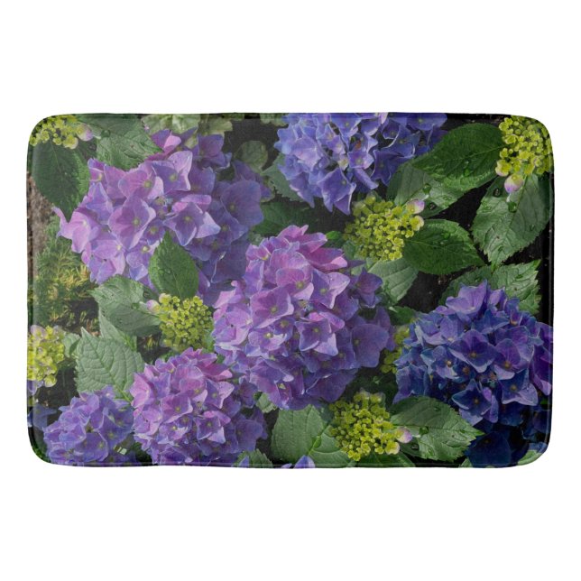 Elegantes blaues lila Magenta grünes Hydrangea Badematte (Vorderseite)