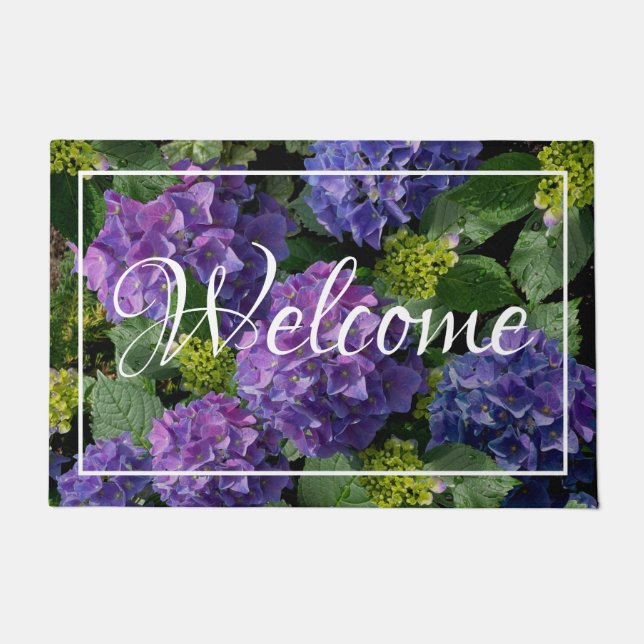 Elegantes blaues lila Magenta grünes Hydrangea Fußmatte (Vorderseite)