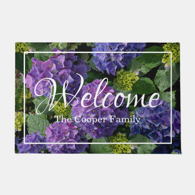 Elegantes blaues lila Magenta grünes Hydrangea Fußmatte (Vorderseite)