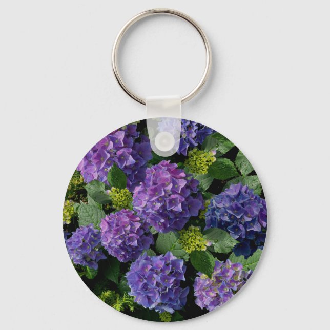 Elegantes blaues lila Magenta grünes Hydrangea Schlüsselanhänger (Vorderseite)