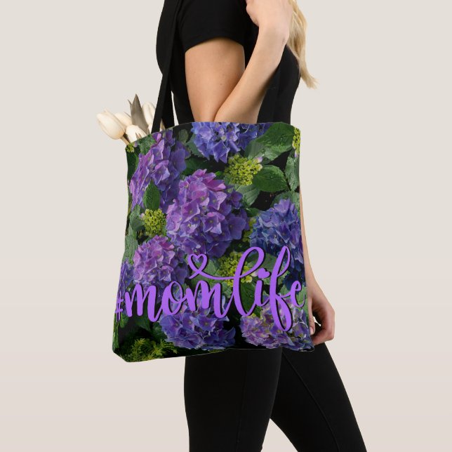 Elegantes blaues lila Magenta grünes Hydrangea Tasche (Von Nahem)