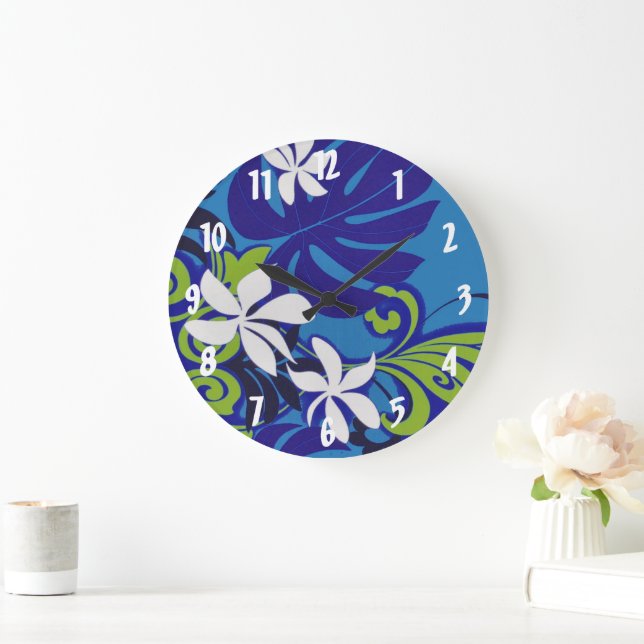 Elegantes blaues Limettengrün-hawaiianisches Blume Große Wanduhr (Zuhause)
