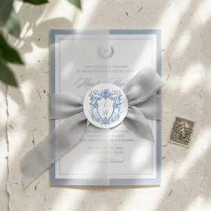 Elegantes Blaues Monogramm-Wappen Hochzeit Runder Aufkleber